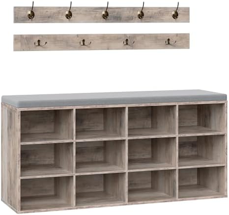 HOOBRO Shoe Storage Bench with Cushion, 39.4" L Entryway Bench with 12 Cubbies, Entryway Hall Tree with Storage, Shoe Cabinet with Coat Rack for Bedroom, Hallway, Holds up to 330 lb, Gray GY112HX01