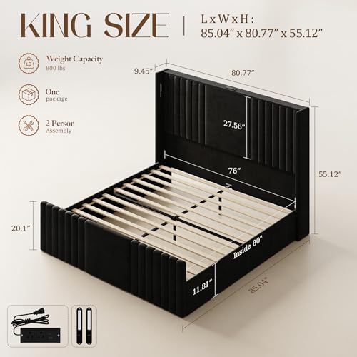 55" Tall King Size Platform Bed Frame with 2 Reading Lights, Black