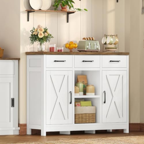 TEENFON Storage Cabinet, Coffee Bar Cabinet with 3 Drawers, 2 Adjustable Shelves & 2 Doors, Buffet Cabinet, Kitchen Cabinet for Kitchen, Dining Room, Living Room, White