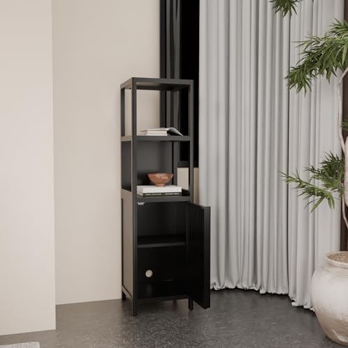 GDFStudio 52" Tall Bamboo Storage Cabinet, Slim Freestanding Linen Tower with 2 Open Shelves & Door Cabinet, Narrow Bathroom Organizer for Bedroom, Living Room, Laundry Room, Kitchen, Natural Bamboo