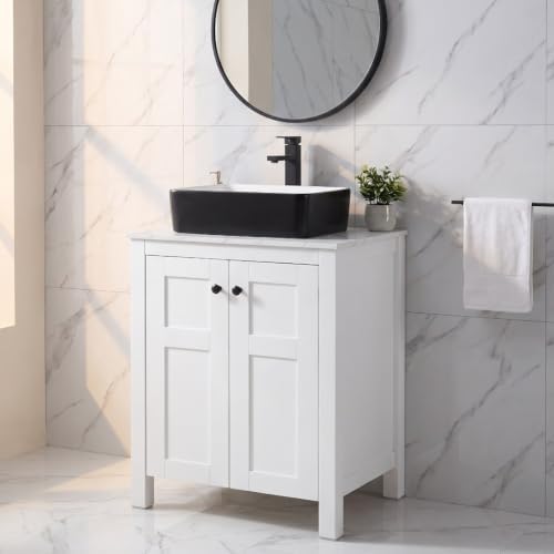 24 Inch White Bathroom Vanity with Marble Texture Top, Traditional Standing Pedestal Cabinet with White and Black Ceramic Sink