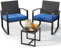 Qsun 3 Piece Patio Bistro Set Patio Furniture Set Outdoor Wicker Rocking Furniture Conversation Set with Tempered Glass Coffee Table for for Front Porch Balcony and Deck (Blue Cushion)