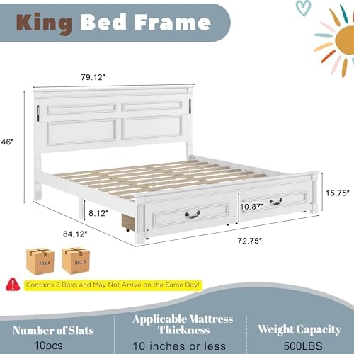 King Bed Frame with 46" Tall Headboard, Farmhouse Solid Wood King Size Platform Bed with 2 Storage Drawers,LED Lights & USB Charging Station,No Box Spring Needed, White
