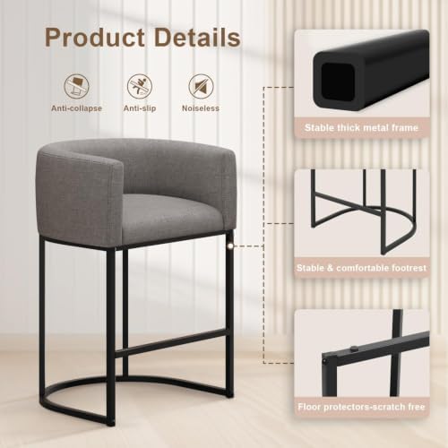 26" H Counter Height Bar Stools Set of 4, Modern Barrel Counter Stools with Backrest and Arms, Linen Fabric Upholstered Accent Barstools for Kitchen Island,Support 450 LBS (Gray)