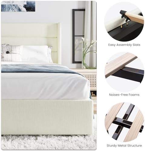 SHA CERLIN Queen Size Chenille Lift Up Hydraulic Storage Bed Frame Cream