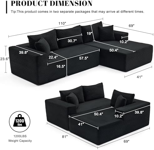 Mangodan 110” Boneless Couch, Cloud Sectional Sofa for Living Room, Black