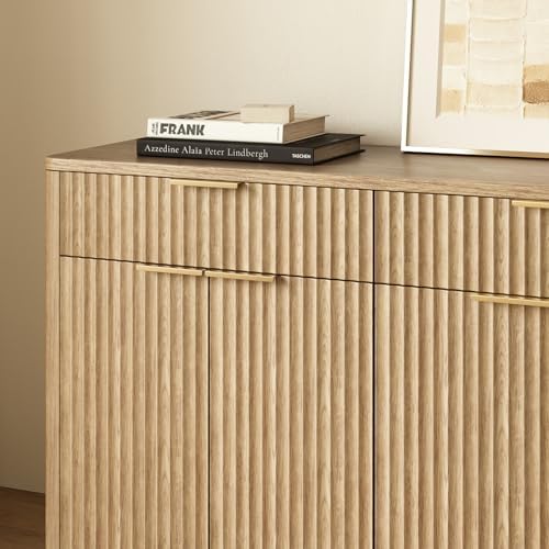 Evermagin 67" Fluted Oak Sideboard Buffet Cabinet with 3 Drawers