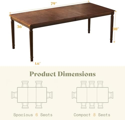 AMERLIFE 79" Solid Wood Farmhouse Dining Table with Roman Legs, Brown