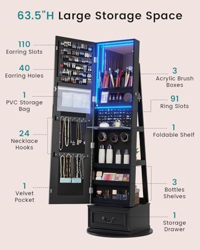 Vlsrka LED Mirror Jewelry Cabinet with Lights, 360° Swivel, Black | Lockable Mirror with Storage, Standing Jewelry Armoire Organizer, Touch Screen, RGB Modes for Bedroom, Gift for Women