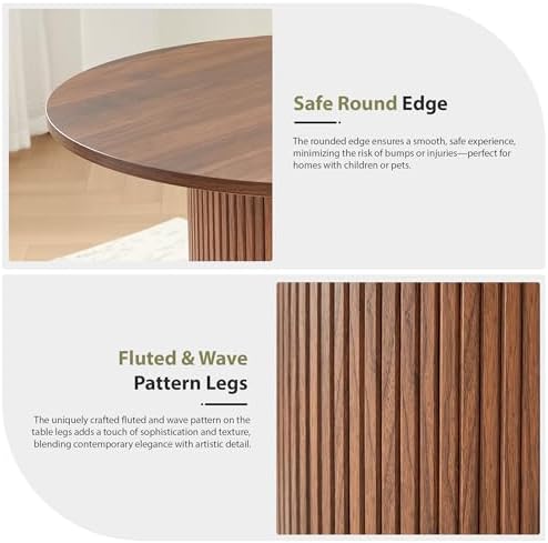 31.5" Round Dining Table for 2-4, Modern Farmhouse Kitchen Table with 2-Tier Storage Shelf, Small Wooden Circle Dining Tables with Fluted Base for Home Dining Room Living Room (Walnut)