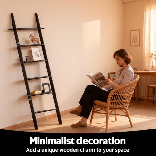Farmhouse Wooden Blanket Ladder with Removable Hooks Black 6-Tier