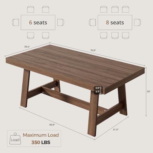IRONCK 71" Farmhouse Dining Table for 6-8, Walnut
