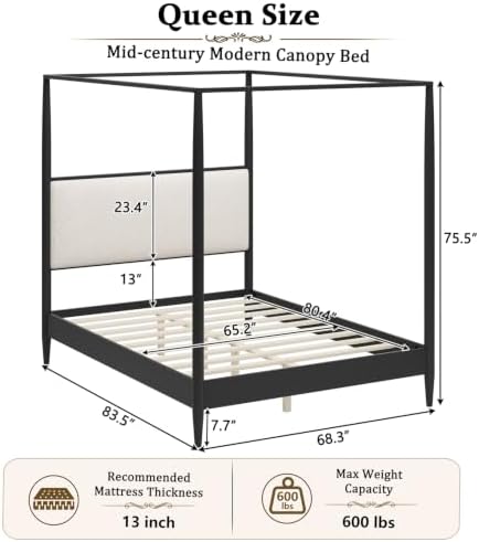 Queen Size Wood Canopy Bed Frame, Black Vintage Four-Posters Platform Beds