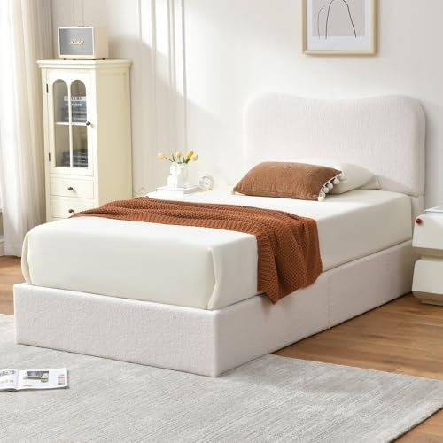 VELOCAVA Twin Size Lift-Up Storage Bed, Modern Upholstered Boucle Bed with Curved Headboard, Gas Lift Platform, Sturdy Wooden Slat Support, No Box Spring Needed, Easy Assembly, Cream White