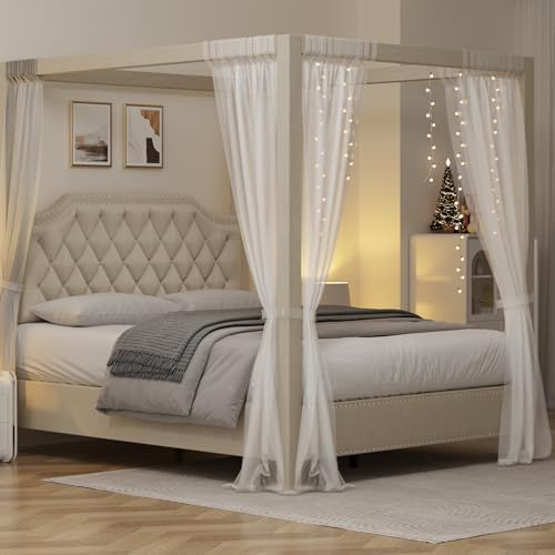 GAOMON Queen Canopy Bed Frame with Upholstered Headboard
