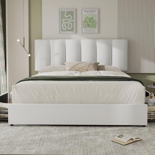VECELO Queen Size Bed Frame with 4 Storage Drawers, Adjustable Height Headboard, Heavy-Duty Platform Bedframe with Strong Wooden Slats, No Box Spring Needed, Pure White