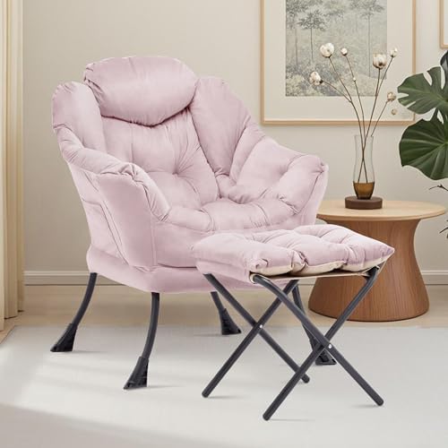 Lazy Chair with Ottoman, Comfy Reading Chair, Pink