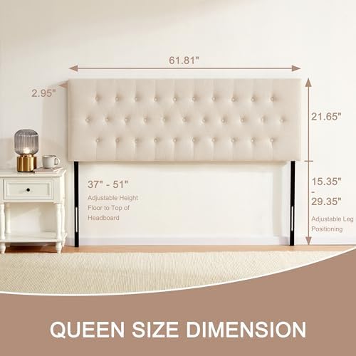 Tufted Upholstered Headboard Queen Size, Adjustable Height 37- 51 in, Beige