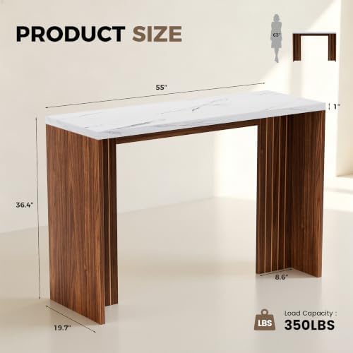 Miereirl 55" Bar Table, Marble Bar Height Table, 36.4" High Pub Table with Thick Tabletop, Narrow Entryway Table Sofa Table, Counter Height Dining Table for Living Room, Kitchen(White and Walnut