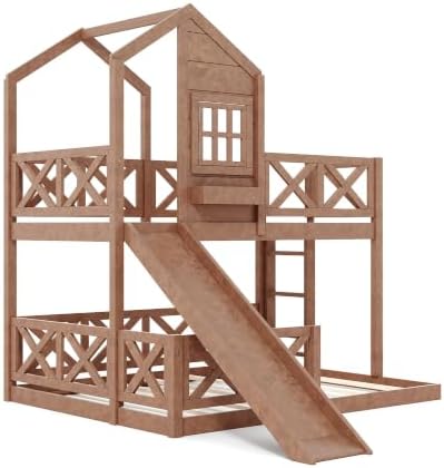 Twin Over Full House Bunk Bed with Slide, Wood Playhouse Loft Bunk Bed Frame with X-Shaped Safety Guardrails, Window & Storage Space, Space-Saving, No Box Spring Needed, Natural