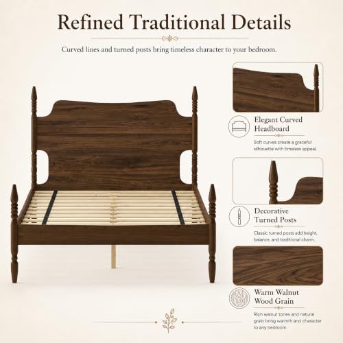 Queen Farmhouse Wood Platform Bed Frame with Headboard, Walnut Poster Bed