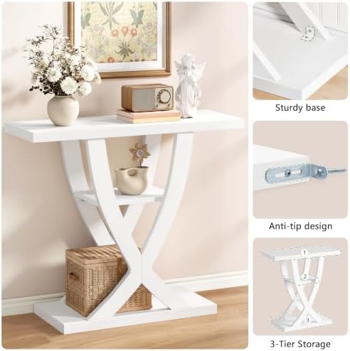 FAVOOSTY 39.4" Entryway Table, 3 Tier Hallway Table, Console Tables for Living Room, Narrow Entrance Table with Storage, Sofa Table Behind Counch, Accent Table for Entry Foyer, White