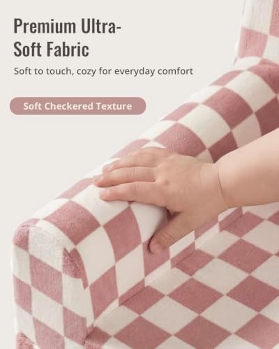 Blissful Diary Foldable Kids Couch, Extra Wide Kids Sofa Chair, Blush Check