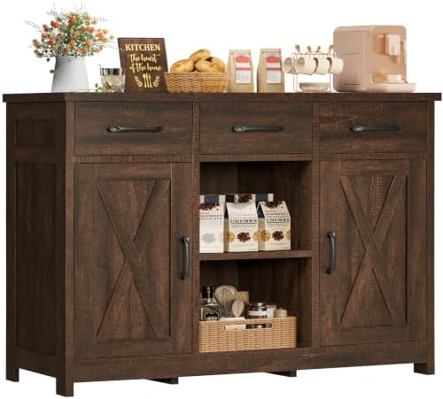 TEENFON Coffee Bar Cabinet with 3 Drawers, Farmhouse Buffet Cabinet