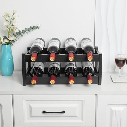 VASMIA Bamboo Wine Rack, 2-Tier Wine Racks Countertop Cabinet Wine Holder Wine Storage Shelf for Pantry Kitchen Bar Black