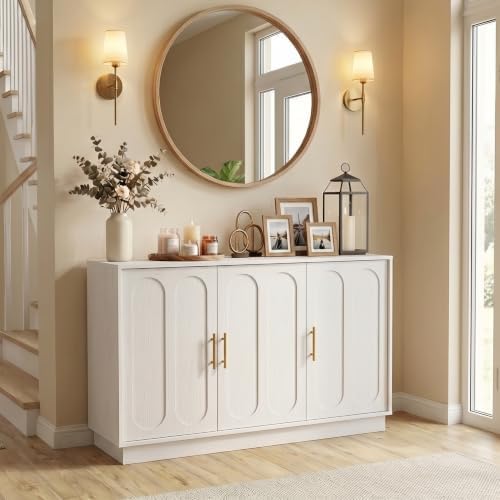 holzart 46.6" Modern Farmhouse 3 Door Storage Cabinet, White Sideboard Buffet with Gold Handles, Large Fluted Wood Credenza for Dining Room, Living Room, Coffee Bar