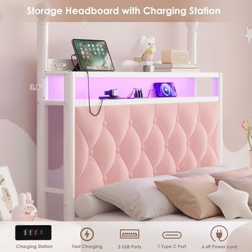 HIFIT Twin Size LED Canopy Bed Frame with Storage & Charging Station, Pink