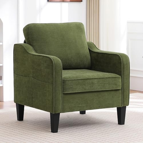 Accent Chair for Living Room, Mid Century Modern Reading Chair for Bedroom, Upholstered Armchair with Side Pockets, Comfy Single Sofa Side Chair for Office, Apartment, Small Room, Olive Green