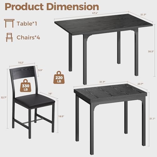 IRONCK Dining Table Set for 4, Extendable Kitchen Table Chairs Set of 4