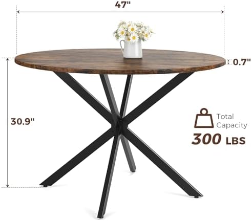 Unovivy 47 Inch Round Dining Table for 4,Space Saving Circle Dining Table with Pedestal Metal Frame,Farmhouse Wood Round Kitchen Table for Living & Dining Room,Rustic Brown