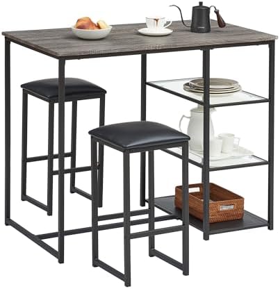 VECELO Dining Table Set for 2 with 3 Storage Shelves,Counter Height Kitchen Table and Chairs with Pu Cushion Chairs & Wood Top for Small Space,Dining Room,Apartment，Gray