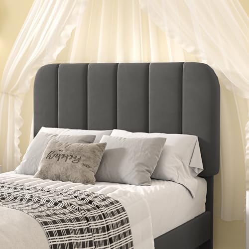 VECELO Twin Size Bed Frame with Upholstered Headboard, Velvet Platform Bedframe Mattress Foundation, Strong Wood Slat Support, No Box Spring Needed,Grey