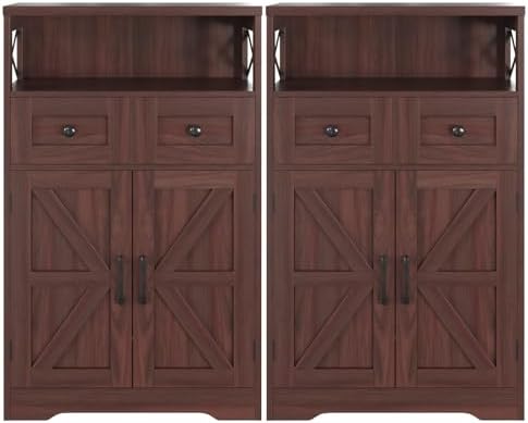 Farmhouse Storage Cabinet Set of 2, Small Kitchen Pantry Coffee Bar Cabinet