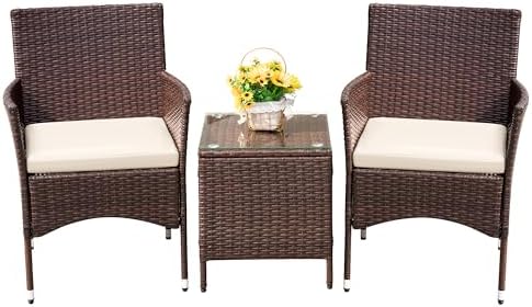 Devoko 3 Piece Patio Furniture Set Outdoor Wicker Conversation (Brown)