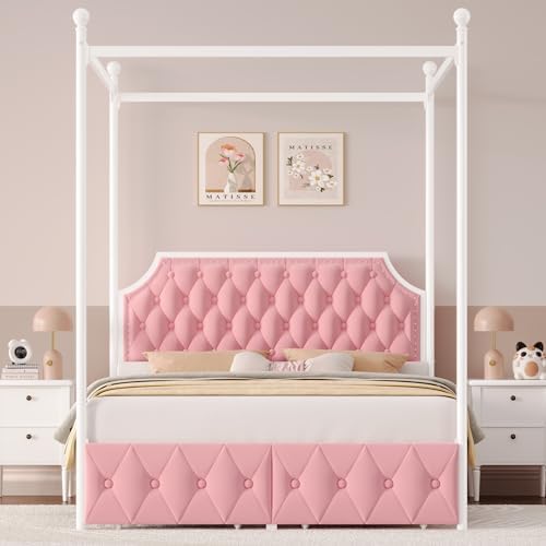 Keyluv Queen Upholstered Canopy Bed Frame with 2 Storage Drawers & Button Tufted Headboard, Metal Platform Bed with 4 Removable Posts, Two-Purpose Velvet Bed, Pink/Curtain Not Included