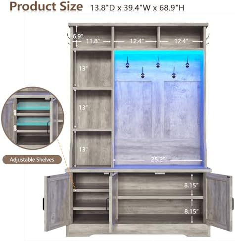 Hall Tree with Bench and Shoe Storage, LED Entryway Bench with Coat Rack