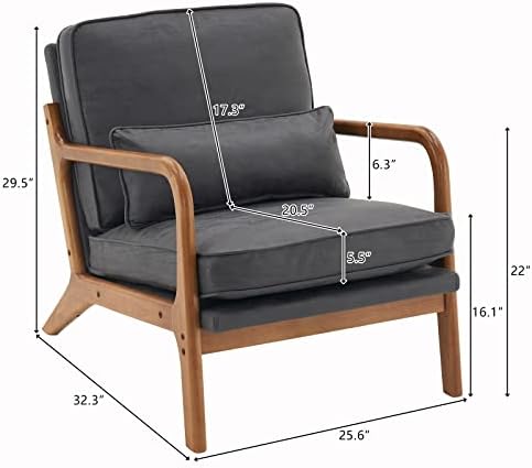 Bonnlo Microfiber Dark Grey Mid Century Modern Accent Chair, Soild Wood Padding Lounge Armchairs Side Sitting Chairs for Living Room, Bedroom, Guest Room