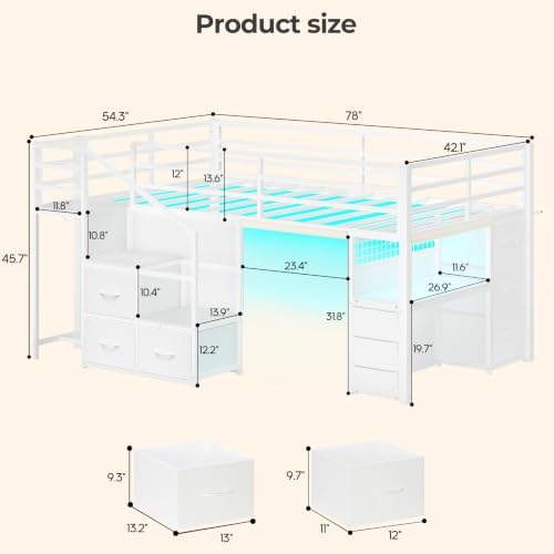 BTHFST Low Loft Bed Twin Size with Stairs, Desk, 6 Storage Drawers, White