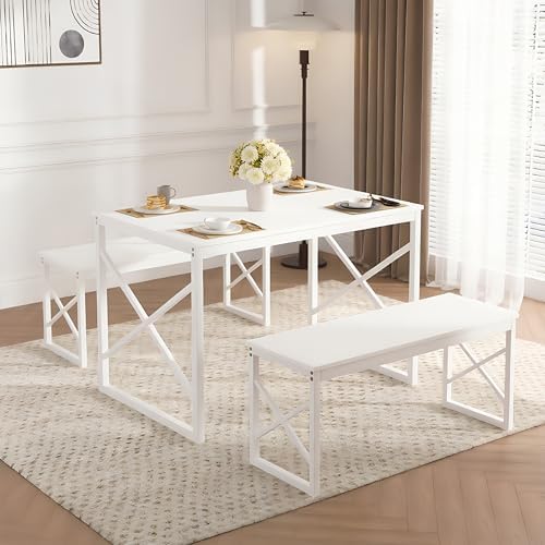 VECELO 43.3" Kitchen Dining Table Set for 4, Heavy-Duty Steel Frame & Wood-Grain Tabletop, Space-Saving Dinette Sets with 2 Benches for Breakfast Nook and Small Space, White