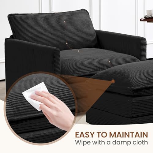 ROWHY 41'' Single Armchair with Ottoman, Modern Corduroy Cloud Couch with Convertible Chaise, Upholstered Sofa Set for Living Room, Black