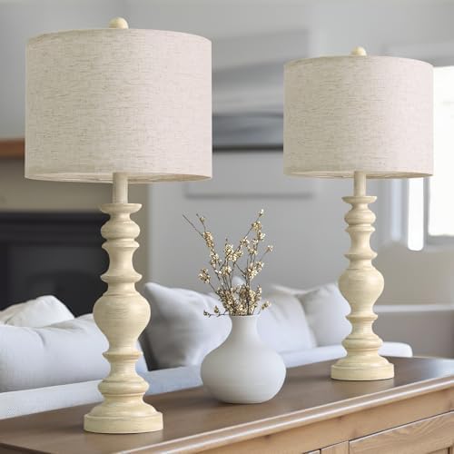BOBOMOMO 27" Antique White Table Lamps Set of 2, Large Vintage Resin Lamps with Linen Shades, Farmhouse White Lamps for Bedroom, Living Room, or Console Table Elegant Home Décor