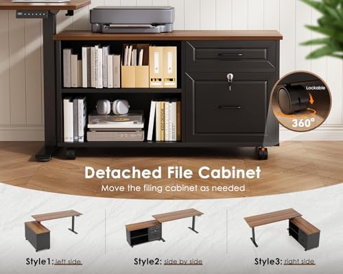 OffiGo 55" L Shaped Electric Standing Desk with Cabinet Sets, Walnut/Black
