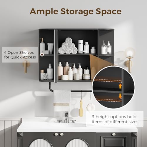 MAHANCRIS Bathroom Wall Cabinet with Mirror, Mirrored Medicine Cabinet with LED Light and Open Shelves, Wall Mounted Over Toilet Storage Cabinets with Adjustable Shelf, 21.7"L x 6.7"W x 18.1"H, Black