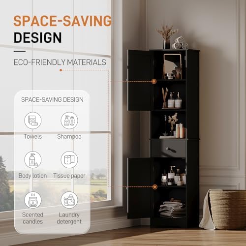 Viaozutis Tall Bathroom Cabinet, Storage Cabinet with 2 Doors & 2Drawer, with Ajustable Shelve, for Bathrooms, Kitchens,Entrances（Black）