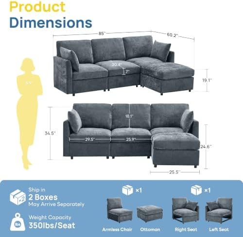 Iroomy Sectional Couch for Living Room, Comfy L Shaped Convertible Sofa, 4 Seater Modern Chenille Sofa with Ottoman, Grey