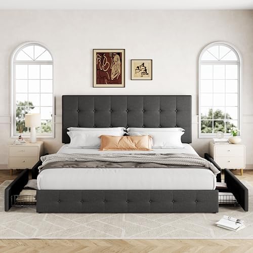 Allewie King Size Storage Bed Frame with 4 Underbed Drawers, Upholstered Platform Bed with Adjustable Headboard, Square Button Tufted, Easy Assembly, Noise-Free, No Box Spring Needed, Dark Grey